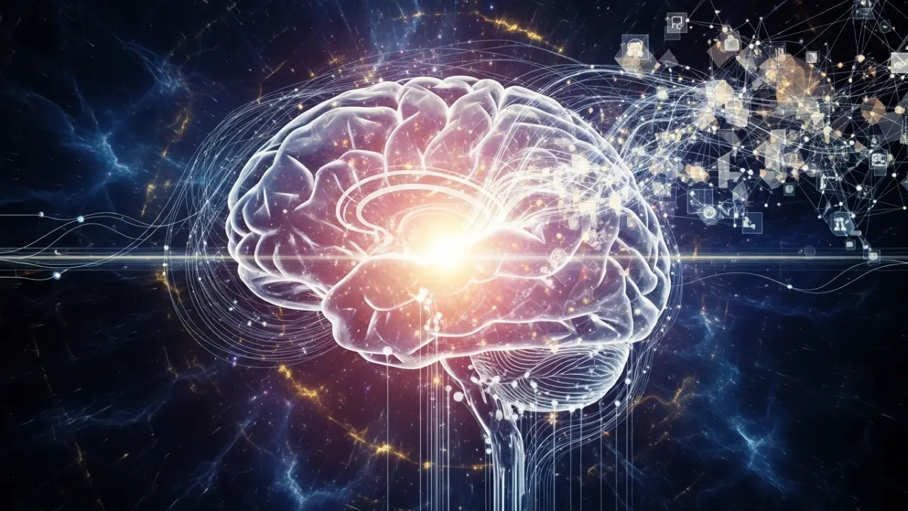 Rysunek świecącego się mózgu w kosmosie