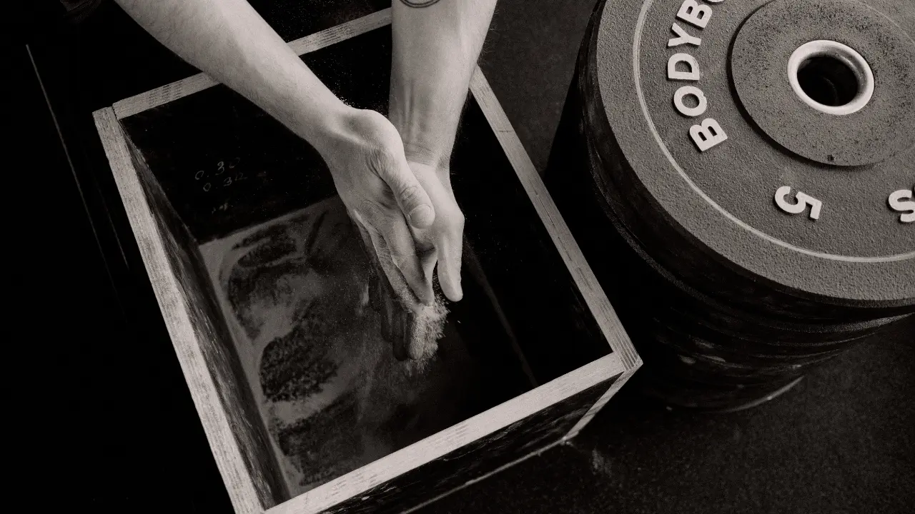 Sportowiec na sali treningowej smaruje dłonie magnezją i przygotowuje się do ćwiczeń funkcjonalnych